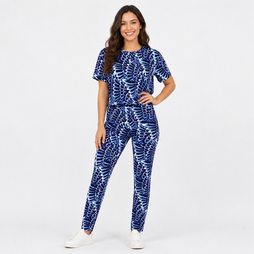 Ed Hardy *2 PIECE* Matching Set Size S Blue Feathered Graphic Top + Leggings NWT